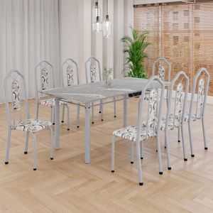 Conjunto De Mesa Tubular 8 Cadeiras 180x75cm Mart Perola Com Tampo Em Granito Ocre Brenda 050