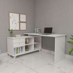 Escrivaninha Mesa Em L Escritório Com Gavetas E Nichos Gold Branco
