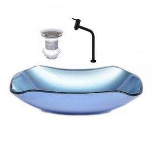 Cuba De Vidro Abaulada 45cm Com Válvula E Torneira Azul