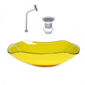 Cuba De Vidro Abaulada 45cm Com Válvula E Torneira Amarelo