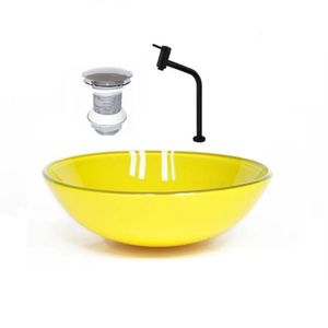 Cuba De Vidro Redonda 31cm + Valvula + Torneira Amarelo