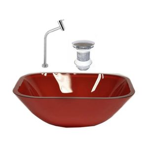 Cuba De Vidro Quadrada 35cm + Valvula + Torneira Metal Vermelho Cereja