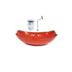 Cuba De Vidro Oval Chanfrada 46cm + Valvula Click + Torneira Metal Vermelho Ferrari