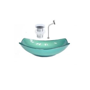 Cuba De Vidro Oval Chanfrada 46cm + Valvula Click + Torneira Metal Verde