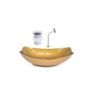 Cuba De Vidro Oval Chanfrada 46cm + Valvula Click + Torneira Metal Dourado Real