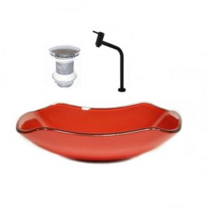 Cuba De Vidro Abaulada 45cm Vermelho Ferrari Com Válvula E Torneira Vermelho Ferrari