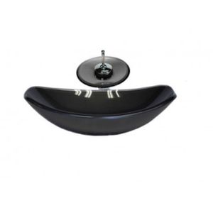 Cuba De Vidro Oval Chanfrada 46cm Com Válvula Torneira Cascata Grafite
