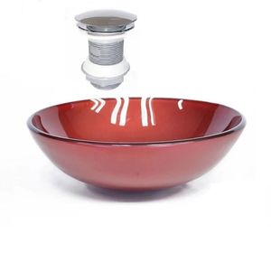 Cuba De Vidro Redonda 42cm + Válvula Click Vermelho Cereja