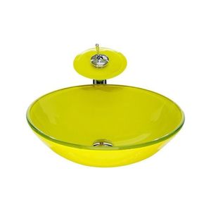 Cuba De Vidro Redonda 42cm + Valvula + Torneira Cascata Amarelo