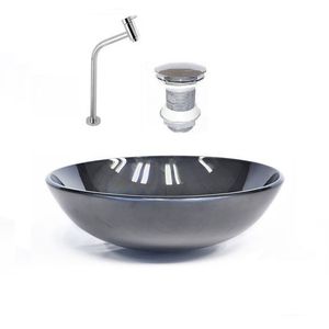 Cuba De Vidro Redonda 42cm + Valvula + Torneira Cromada Grafite