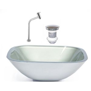 Cuba De Vidro Quadrada 35cm + Valvula + Torneira Metal Prata