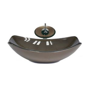 Cuba De Vidro Oval Chanfrada 51cm + Valvula + Torneira Cascata Marrom
