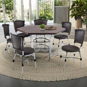 Conjunto Sala De Jantar Mesa Sextavada Com 6 Cadeiras Brastubo Cromado Amadeirado Escuro Café News