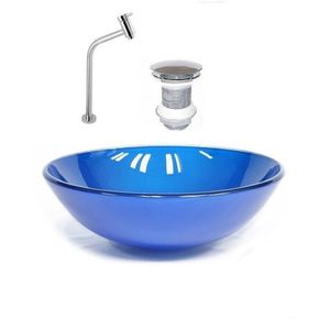 Cuba De Vidro Redonda 42cm + Valvula + Torneira Cromada Azul Escuro