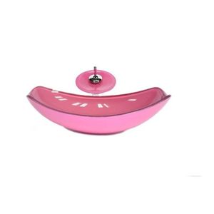 Cuba De Vidro Oval Chanfrada 46cm + Valvula + Torneira Cascata Rosa