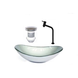 Cuba De Vidro Oval 55cm + Valvula + Torneira Prata