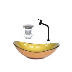 Cuba De Vidro Oval 55cm + Valvula + Torneira Dourado Real
