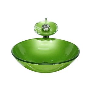 Cuba De Vidro Redonda 35cm + Valvula + Torneira Cascata Verde Oliva