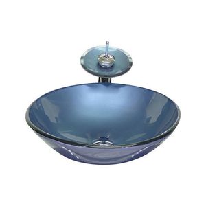 Cuba De Vidro Redonda 35cm + Valvula + Torneira Cascata Azul