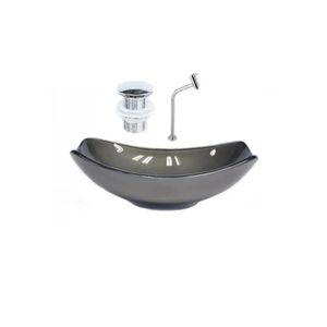 Cuba De Vidro Oval Chanfrada 46cm + Valvula Click + Torneira Metal Grafite