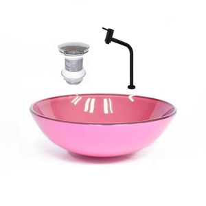 Cuba De Vidro Redonda 42cm + Valvula + Torneira Rosa