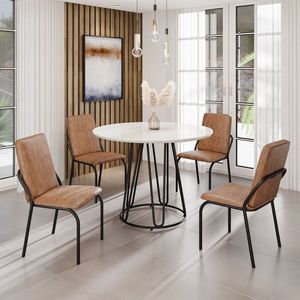 Conjunto Sala De Jantar Mesa Redonda 100cm Base Omega Tampo Mdf Laca Com Vidro Malibu Marrom - Preto