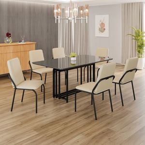 Conjunto Sala De Jantar Mesa 160x90cm Base Pérola Tampo Mdf Com Vidro Malibu Creme - Preto
