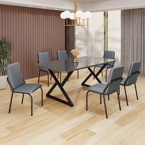 Conjunto Sala De Jantar Mesa 160x90cm Base Império Tampo Mdf Laca Com Vidro Malibu Grafite Preto