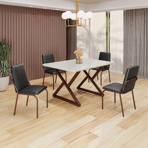 Conjunto Sala De Jantar Mesa 120x90cm Base Império Tampo Mdf Laca Com Vidro Malibu Preto - Marrom