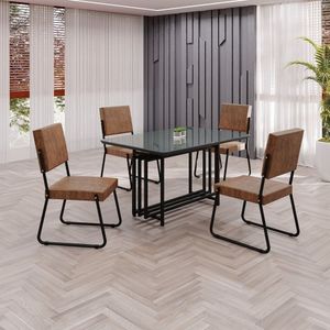 Conjunto Sala De Jantar Mesa 120x90cm Base Pérola Tampo Mdf Laca Com Vidro Napoli Marrom Preto