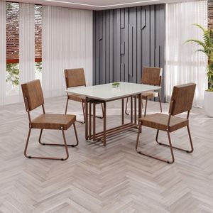 Conjunto Sala De Jantar Mesa 120x90cm Base Pérola Tampo Mdf Laca Com Vidro Napoli Marrom
