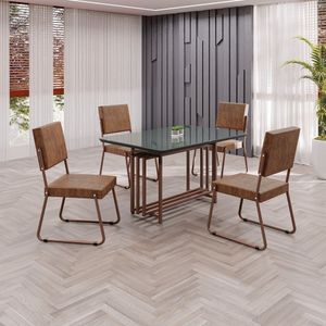 Conjunto Sala De Jantar Mesa 120x90cm Base Pérola Tampo Mdf Laca Com Vidro Napoli Marrom