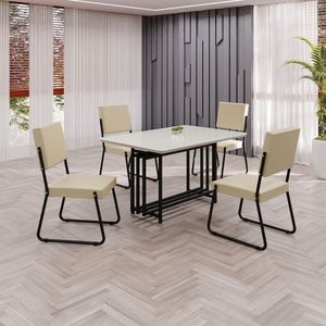 Conjunto Sala De Jantar Mesa 120x90cm Base Pérola Tampo Mdf Laca Com Vidro Napoli Creme - Preto