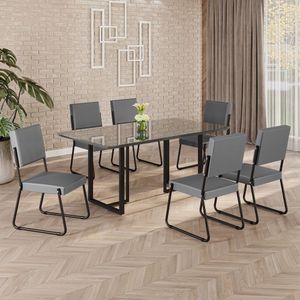 Conjunto Sala De Jantar Mesa 160x90cm Base Lunna Tampo Mdf Laca Com Vidro Napoli Grafite - Preto