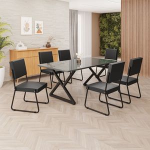 Conjunto Sala De Jantar Mesa 160x90cm Base Império Tampo Mdf Laca Com Vidro Napoli Preto