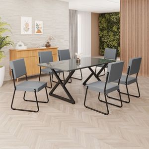 Conjunto Sala De Jantar Mesa 160x90cm Base Império Tampo Mdf Laca Com Vidro Napoli Grafite - Preto