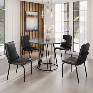 Conjunto Sala De Jantar Mesa Redonda 100cm Base Omega Tampo Mdf Laca Com Vidro Malibu Preto
