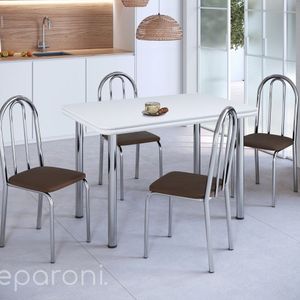 Conjunto Sala De Jantar Mesa Com 4 Cadeiras Cromado-Branco Marrom
