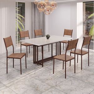 Conjunto Sala De Jantar Mesa 160x90cm Base Pérola Tampo Mdf Laca Com Vidro Florença Marrom