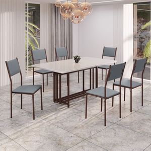 Conjunto Sala De Jantar Mesa 160x90cm Base Pérola Tampo Mdf Laca Com Vidro Florença Grafite - Marrom
