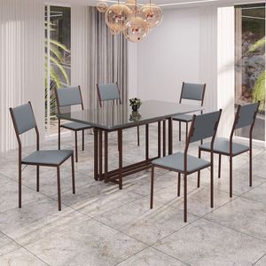 Conjunto Sala De Jantar Mesa 160x90cm Base Pérola Tampo Mdf Laca Com Vidro Florença Grafite - Marrom
