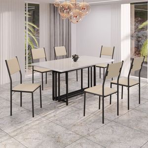 Conjunto Sala De Jantar Mesa 160x90cm Base Pérola Tampo Mdf Laca Com Vidro Florença Creme - Preto