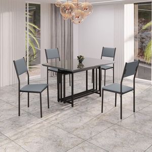 Conjunto Sala De Jantar Mesa 120cm X 90cm Base Pérola Tampo Mdf Laca Com Vidro Florença Grafite - Preto