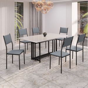 Conjunto Sala De Jantar Mesa 160x90cm Base Pérola Tampo Mdf Laca Com Vidro Florença Grafite - Preto