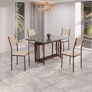 Conjunto Sala De Jantar Mesa 120x90cm Base Pérola Tampo Mdf Laca Com Vidro Florença Creme - Marrom
