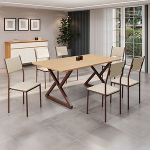Conjunto Sala De Jantar Mesa 160x90cm Base Império Tampo Mdf Florença Creme Marrom