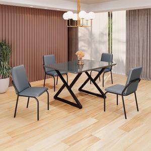 Conjunto Sala De Jantar Mesa 120x90cm Base Império Tampo Mdf Laca Com Vidro Malibu Grafite - Preto