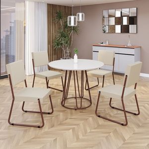 Conjunto Sala De Jantar Mesa Redonda 100cm Base Omega Tampo Mdf Laca Com Vidro Napoli Creme - Marrom