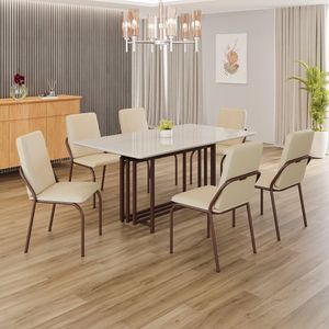 Conjunto Sala De Jantar Mesa 160x90cm Base Pérola Tampo Mdf Laca Com Vidro Malibu Creme - Marrom