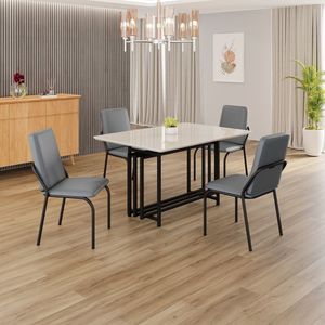 Conjunto Sala De Jantar Mesa 120x90cm Base Pérola Tampo Mdf Com Vidro Malibu Grafite - Preto Fosco